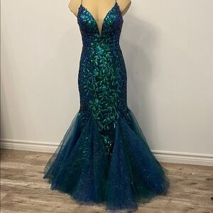 Amarra Sparkling Teal Mermaid Prom Dress with Plunging V-Neck
